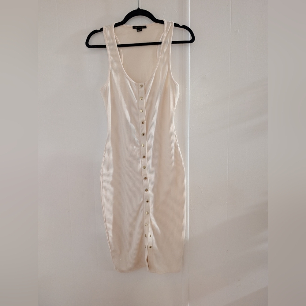 Revamped Cream Button-Front Midi Bodycon Dress With Gold Buttons